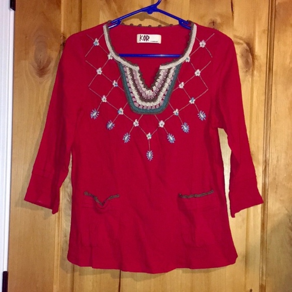 Anthro KOR Company Red Embroidered Multi-Color Yoke Style Boho Top EUC XS